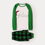 Christmas Hat and 'Believe“ Letter Print Patterned Green Sleeve Contrast Tops and Black and Green Plaid Pants Family Matching Raglan Long-sleeve Pajamas Sets With Dog Bandana