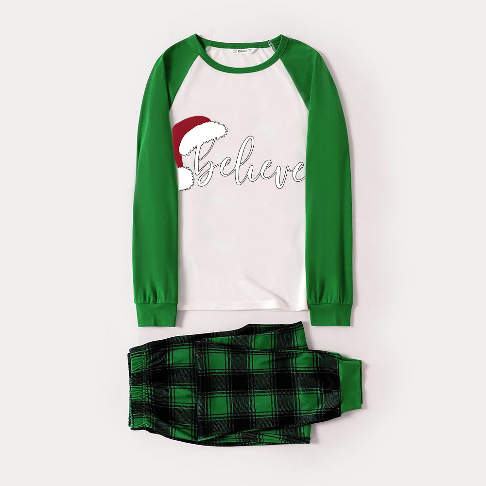 Christmas Hat and 'Believe“ Letter Print Patterned Green Sleeve Contrast Tops and Black and Green Plaid Pants Family Matching Raglan Long-sleeve Pajamas Sets With Dog Bandana