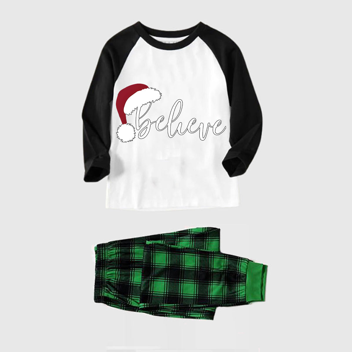 Christmas Hat and 'Believe“ Letter Print Patterned Black Sleeve Contrast Tops and and Black and Green Plaid Pants Family Matching Pajamas Sets With Dog Bandana