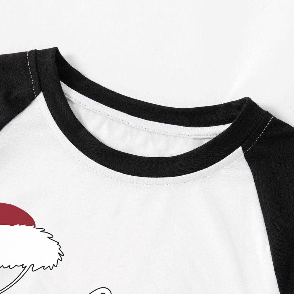 Christmas Hat and 'Believe“ Letter Print Patterned Black Sleeve Contrast Tops and and Black and Green Plaid Pants Family Matching Pajamas Sets With Dog Bandana