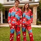 Holiday Couple Button-Up Red Tie-dyed Christmas Pajamas Set