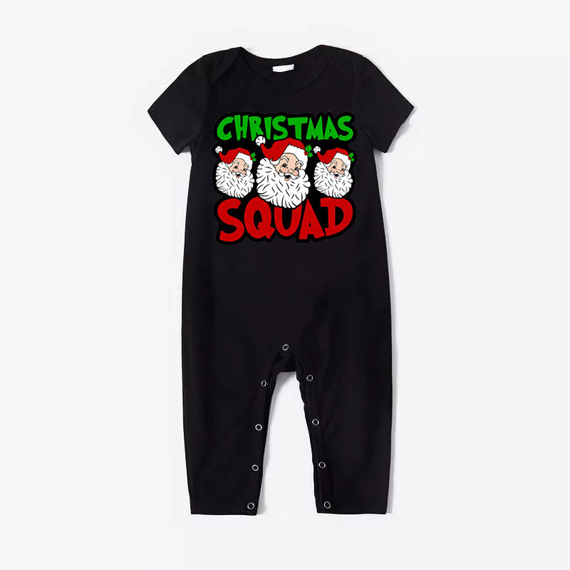 "Santa Squad" and Santa Claus Print Black Short Sleeve with Red & Black Plaid Pant Family Matching Pajamas