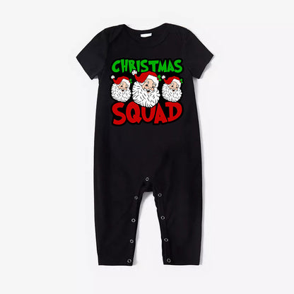 "Santa Squad" and Santa Claus Print Black Short Sleeve with Red & Black Plaid Pant Family Matching Pajamas