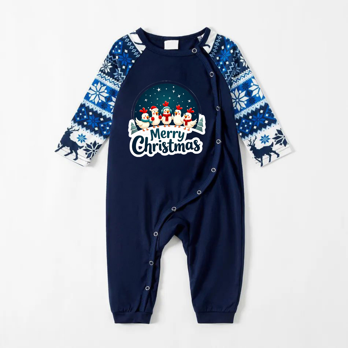 Joyful Blue Christmas Pajamas Set With Happy Chickens and "Merry Christmas" Text Print