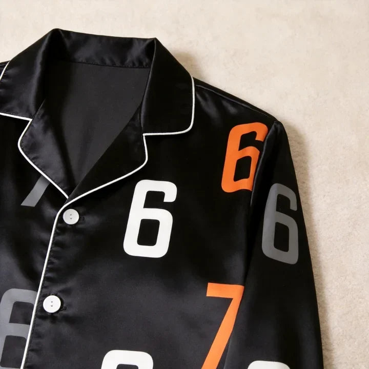 Minimalist Numbers Print Satin Button-Up Family Pajamas Set