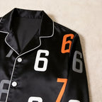 67 Number Print Satin Matching Pajamas for Couples ¨C Long Sleeve Button-Down Top & Pants Sleepwear Set
