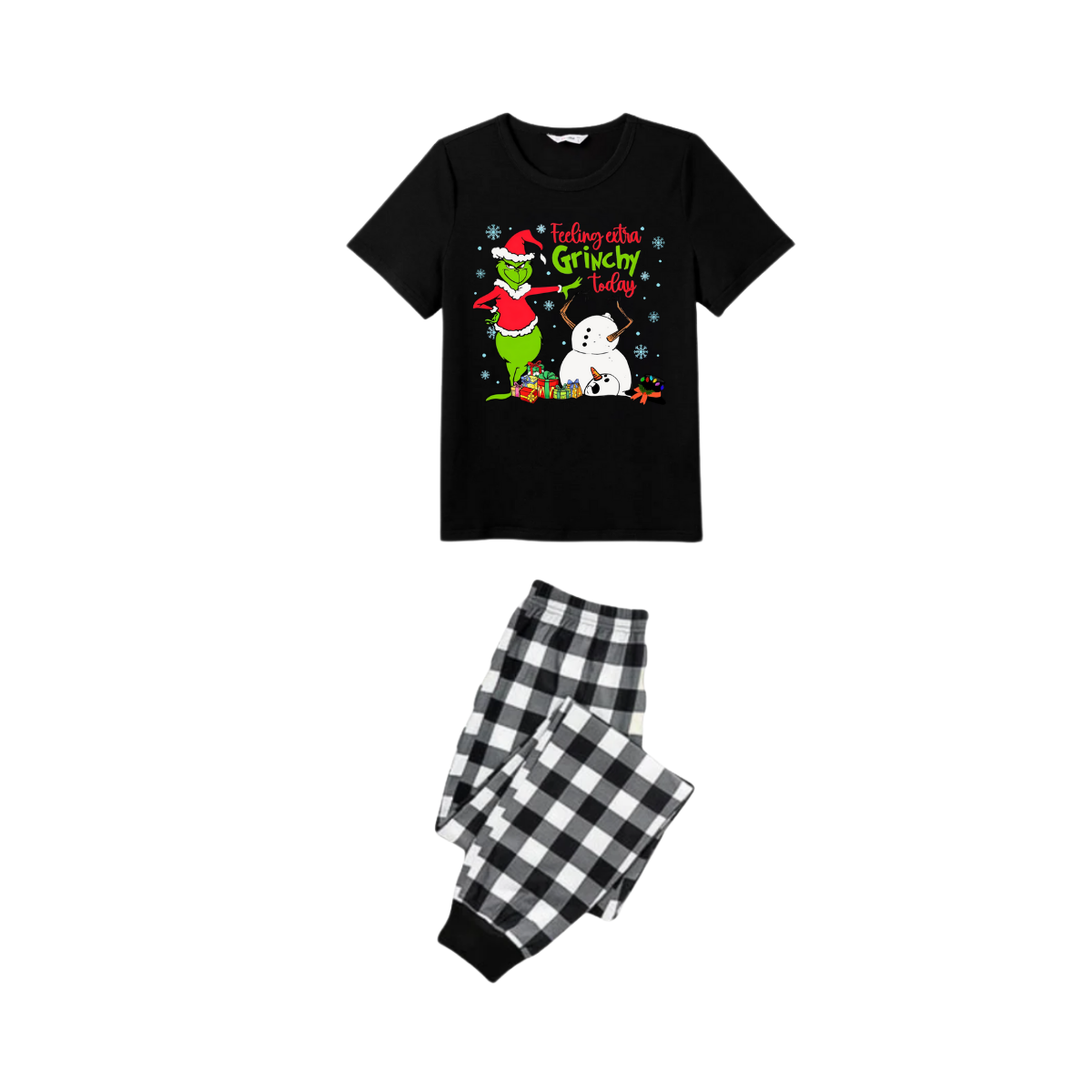 Black and White Plaid Christmas Short Sleeve Pajamas Set With Grinch and Snowman Print
