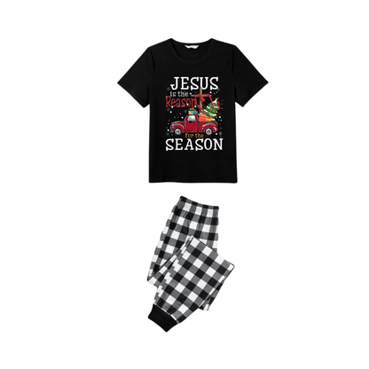 Black and White Plaid Christmas Short Sleeve Pajamas Set With "Jesus is the Reason for the Season" Text Print