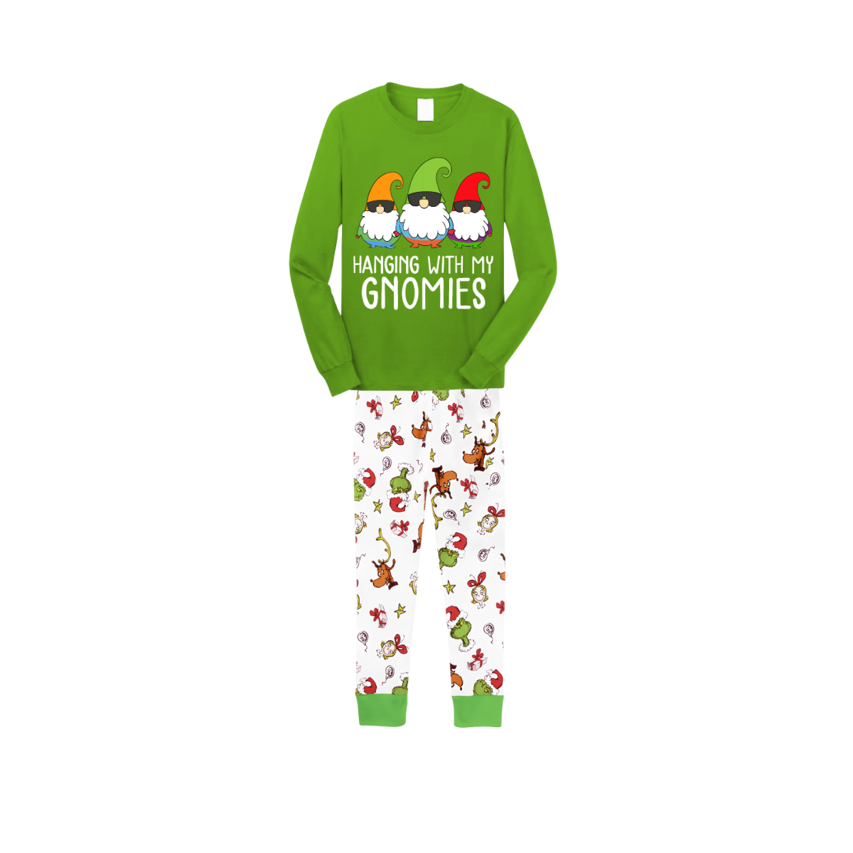 Hanging With My Gnomies Christmas 2026 Family Pajamas Set - Green Top, White Pants, White Christmas Cartoon Print