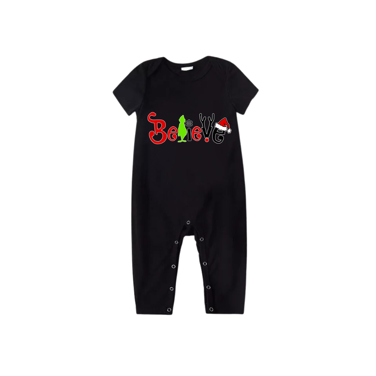 Believe Grinch Santa Family Pajamas Set - Black Top Red Pants Red Plaid Pattern Believe Letter Print