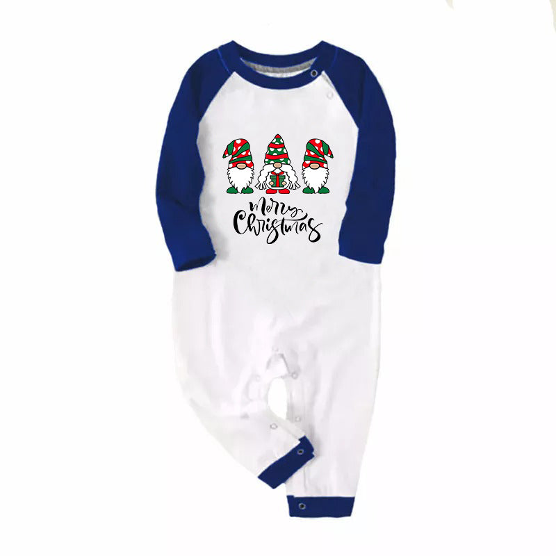 Merry Christmas Cute Gnome Print Casual Long Sleeve Sweatshirts Blue Sleeve Contrast Tops and Blue Plaid Pants Family Matching Pajamas Sets With Dog Bandan