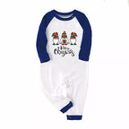 Merry Christmas Cute Gnome Print Casual Long Sleeve Sweatshirts Blue Sleeve Contrast Tops and Blue Plaid Pants Family Matching Pajamas Sets With Dog Bandan