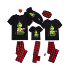 Naughty Nice An Attempt Was Made Grinch Family Pajamas Set - Black Top Red Pants Red Plaid Pattern Grinch Checklist Print