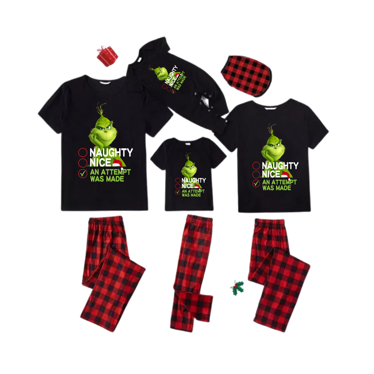 Naughty Nice An Attempt Was Made Grinch Family Pajamas Set - Black Top Red Pants Red Plaid Pattern Grinch Checklist Print