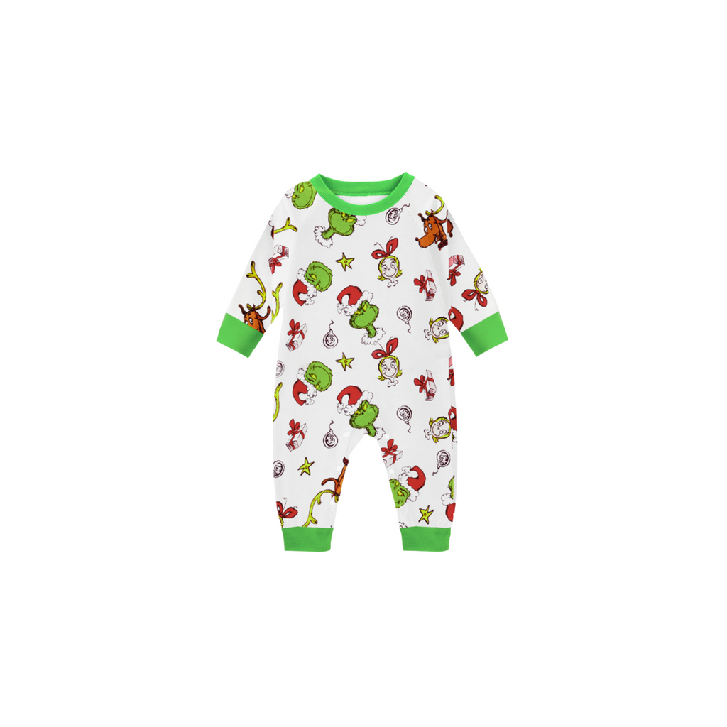 Christmas Family Matching Pajamas-Green Top and Grinch Pants Pjs Set with Snowman and "Let It Snow" Print