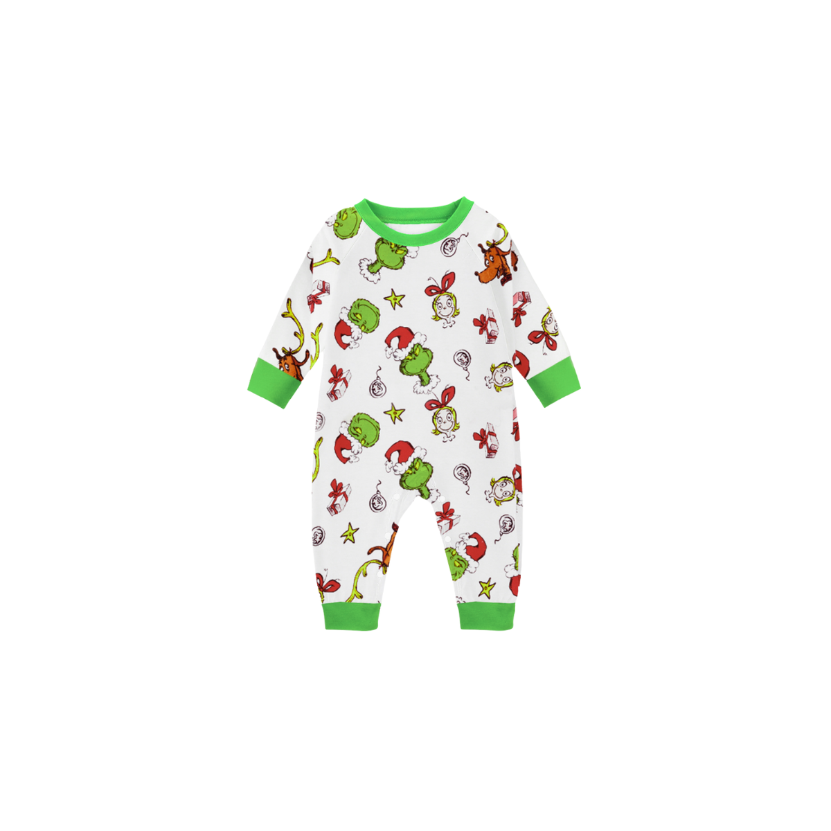 Christmas Family Matching Pajamas-Green Top and Grinch Pants Pjs Set with "We Wish You Merry Christmas" and Christmas Car Pattern Print
