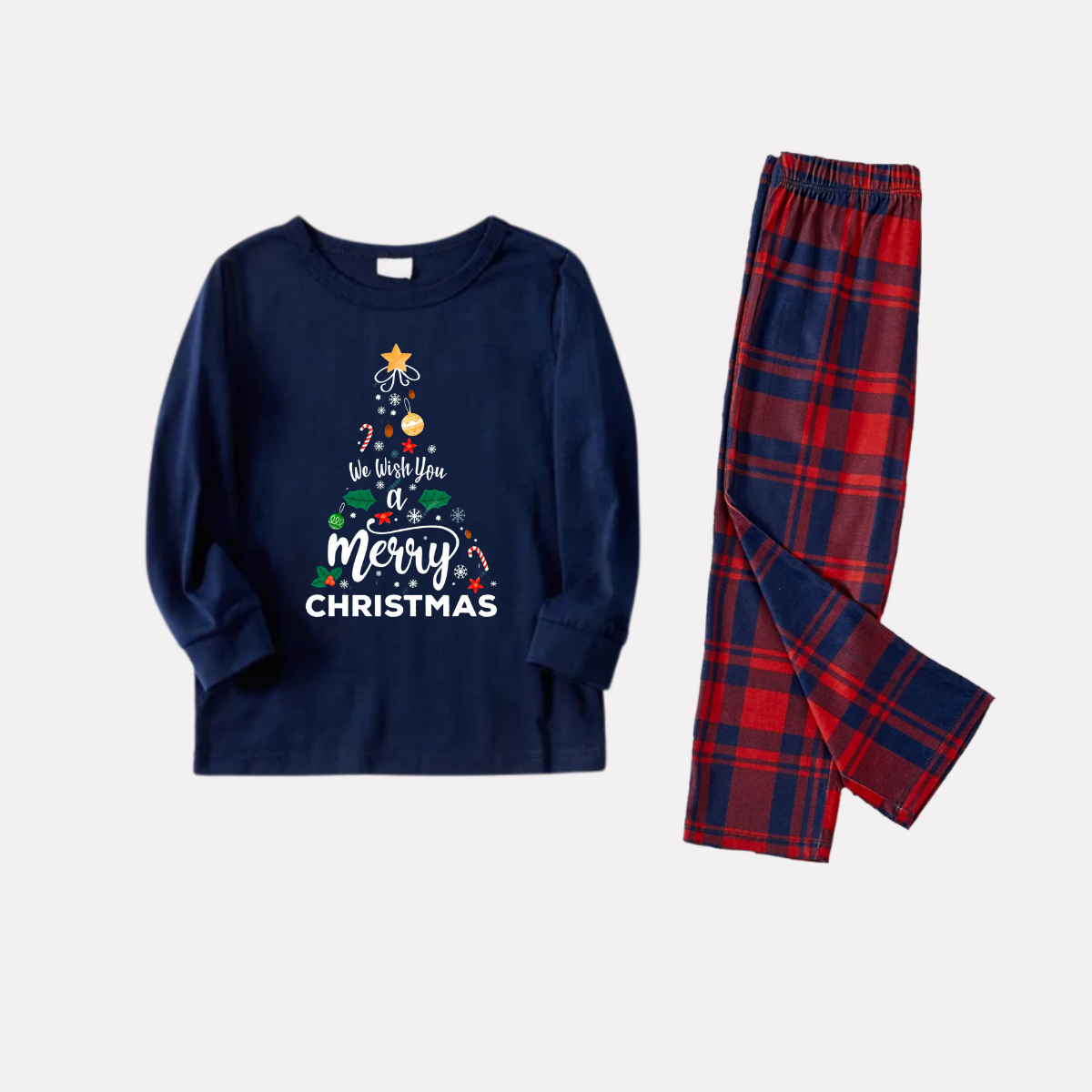 "We Wish You a Merry Christmas" Printed Blue Long Sleeve Top With Blue & Red Plaid Family Matching Pajamas
