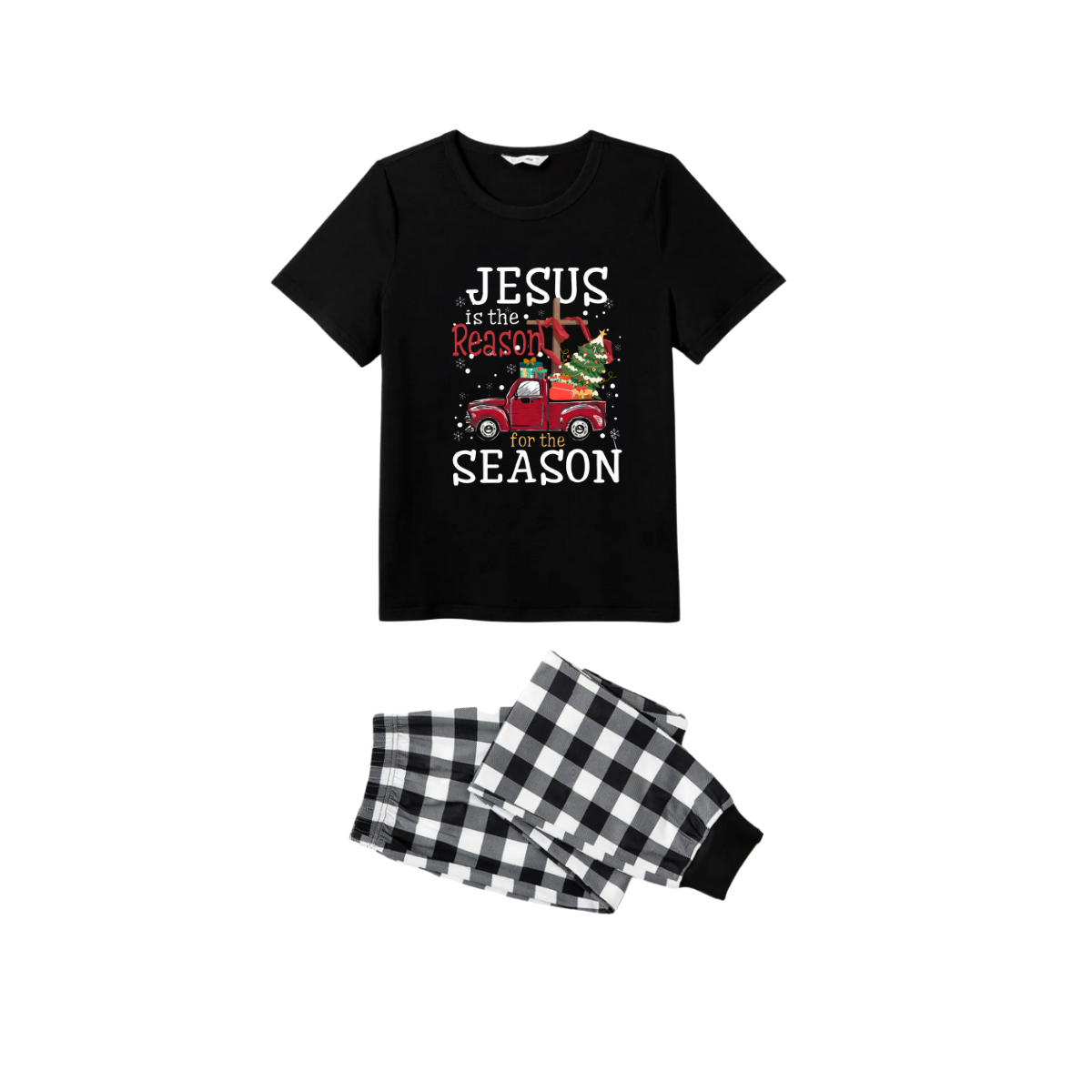 Black and White Plaid Christmas Short Sleeve Pajamas Set With "Jesus is the Reason for the Season" Text Print