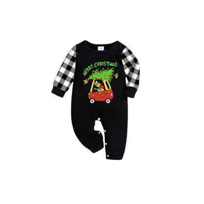 Black and White Plaid Christmas Short Sleeve Pajamas Set With Grinch and Christmas Tree Print
