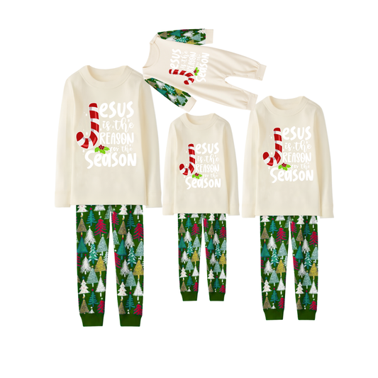 Jesus is the Reason Pajama Set with Festive Christmas Trees and Candy Cane