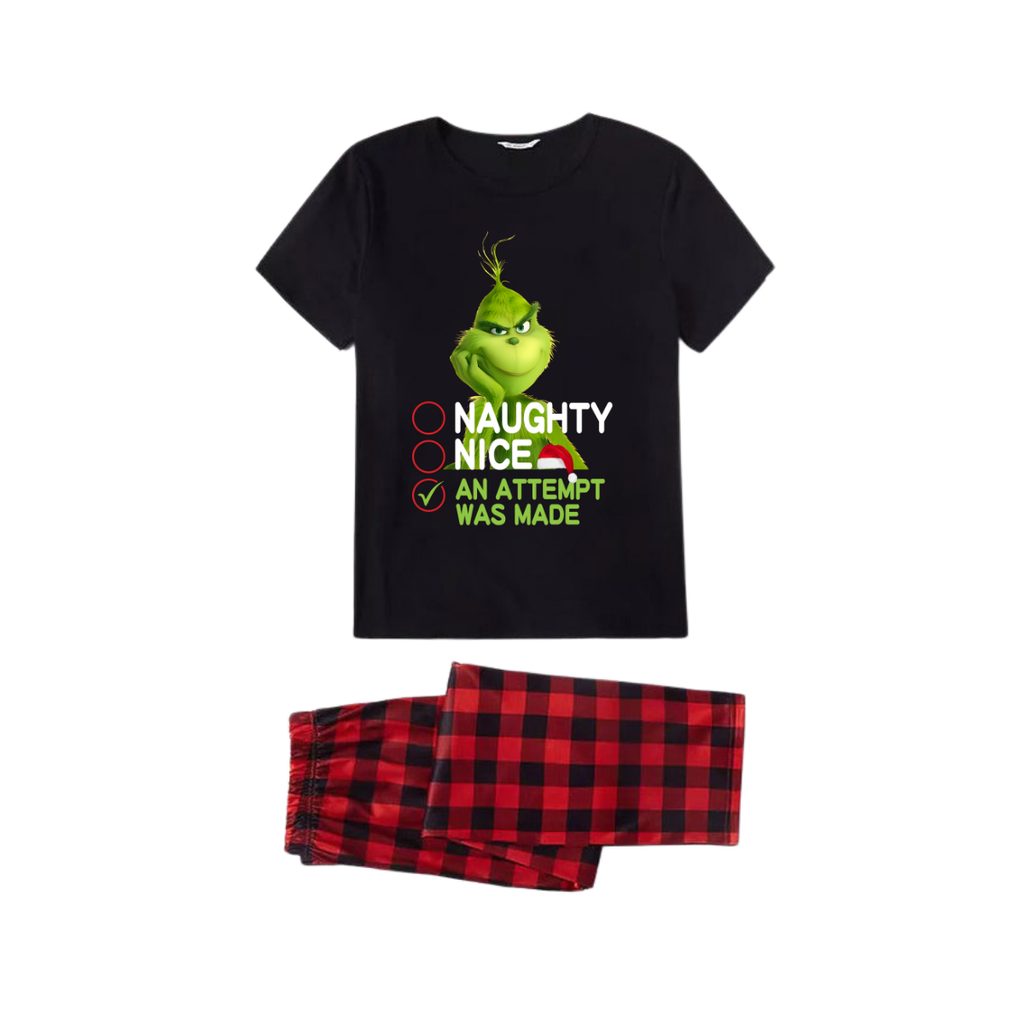 Naughty Nice An Attempt Was Made Grinch Family Pajamas Set - Black Top Red Pants Red Plaid Pattern Grinch Checklist Print