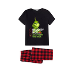 Naughty Nice An Attempt Was Made Grinch Family Pajamas Set - Black Top Red Pants Red Plaid Pattern Grinch Checklist Print
