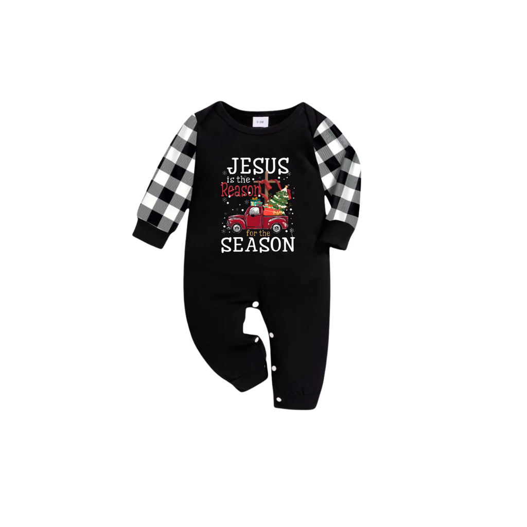 Black and White Plaid Christmas Short Sleeve Pajamas Set With "Jesus is the Reason for the Season" Text Print