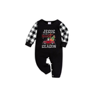 Black and White Plaid Christmas Short Sleeve Pajamas Set With "Jesus is the Reason for the Season" Text Print