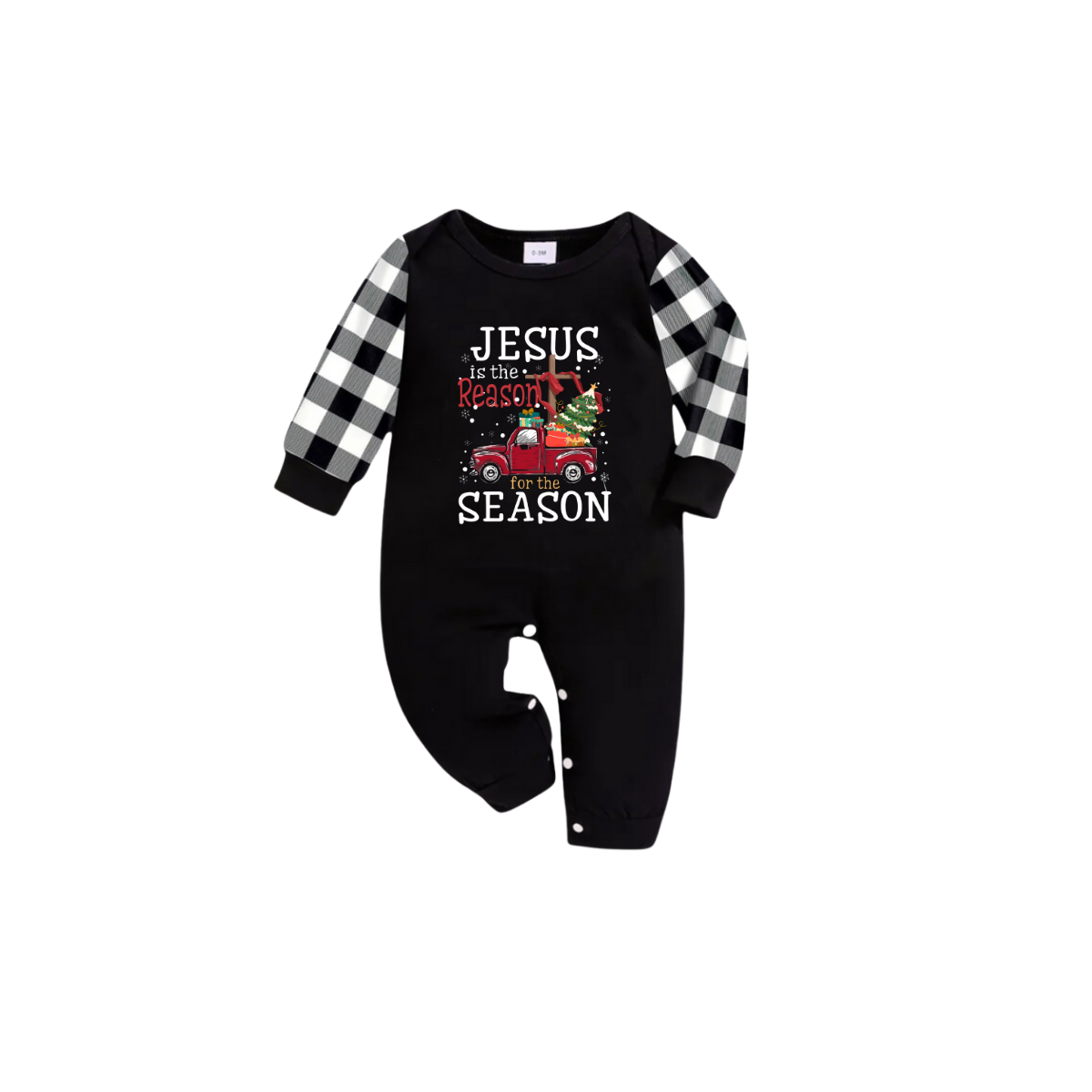 Black and White Plaid Christmas Short Sleeve Pajamas Set With "Jesus is the Reason for the Season" Text Print