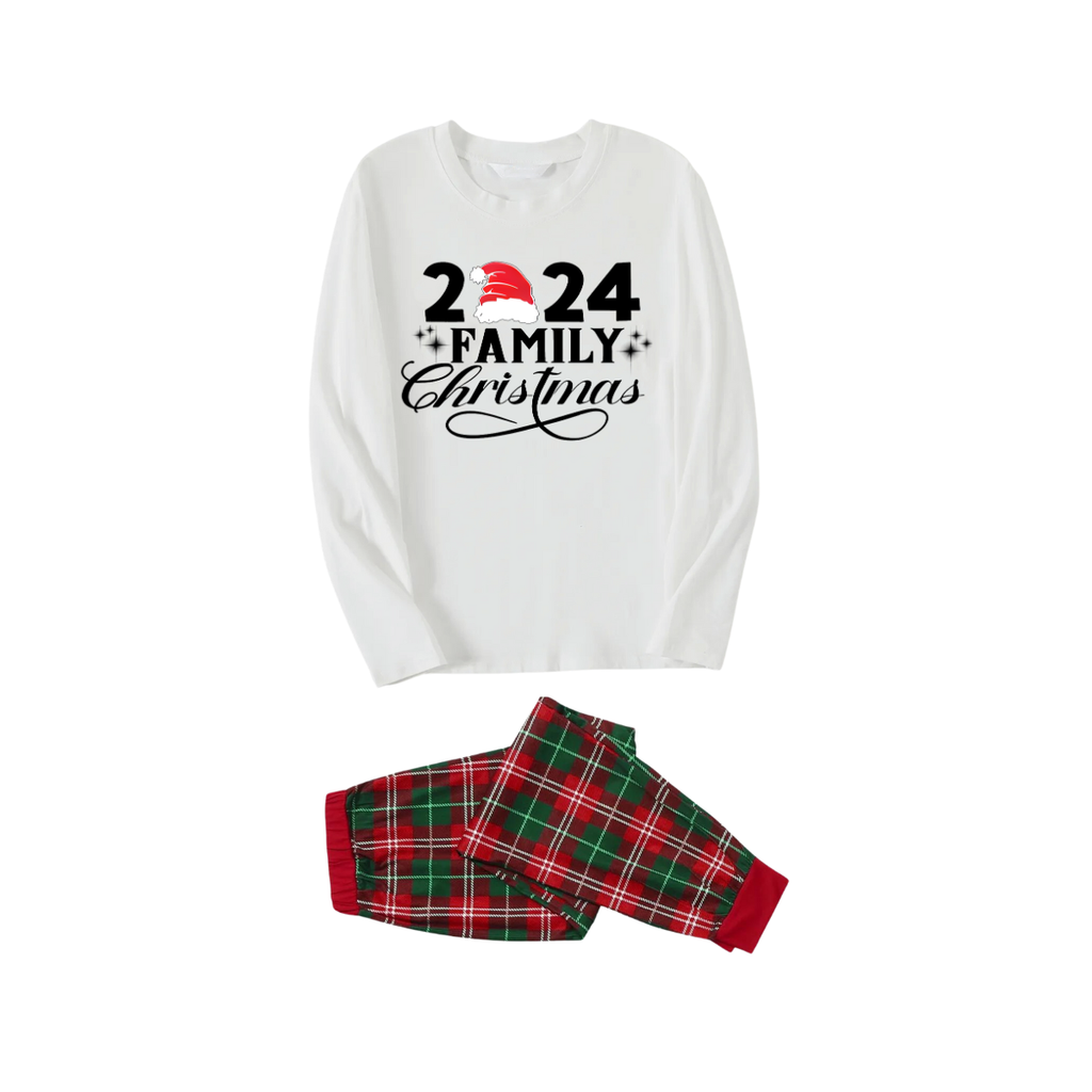 "Family Christmas 2024" and Santa Hat Printed Red & Green Plaid Family Matching Pajamas