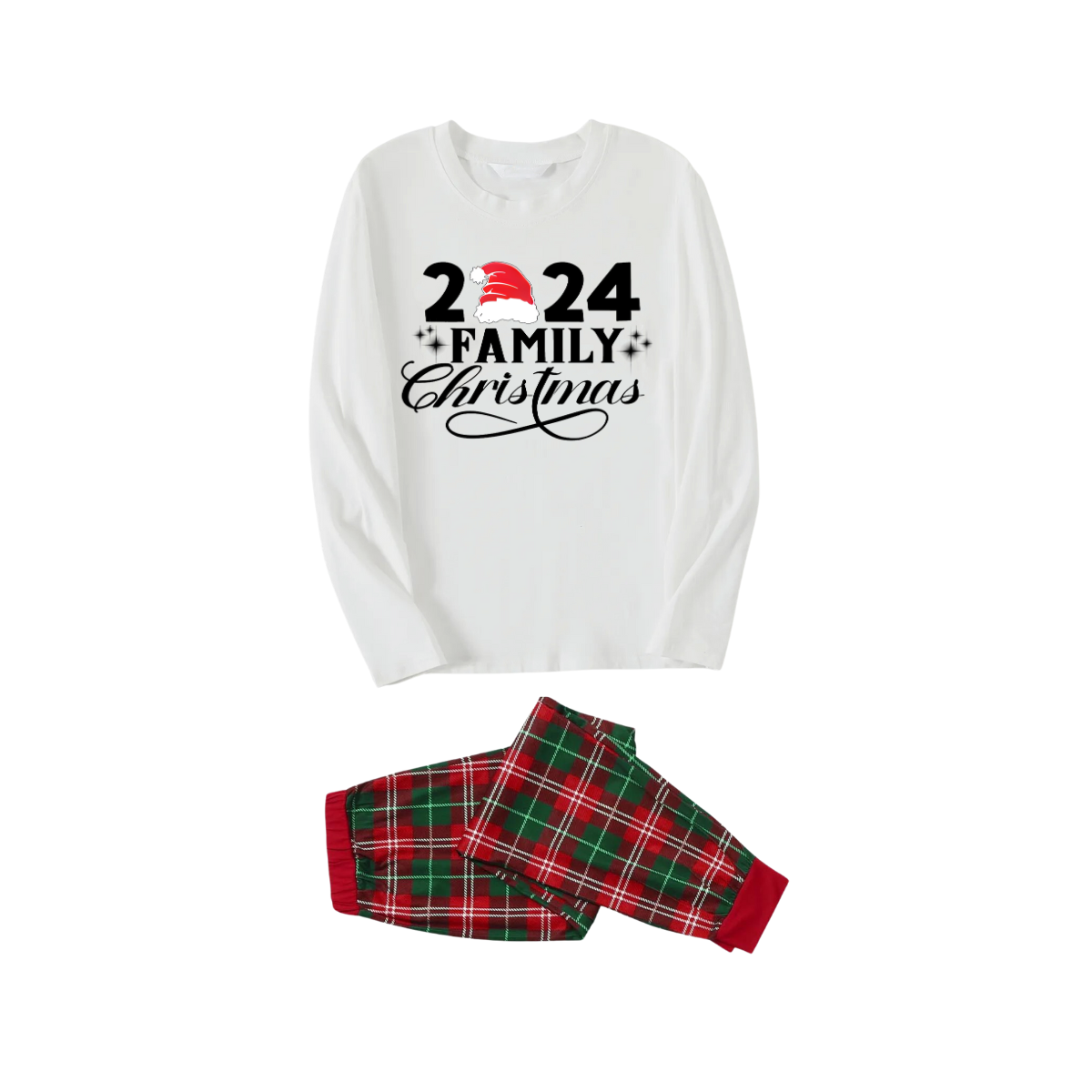 "Family Christmas 2024" and Santa Hat Printed Red & Green Plaid Family Matching Pajamas