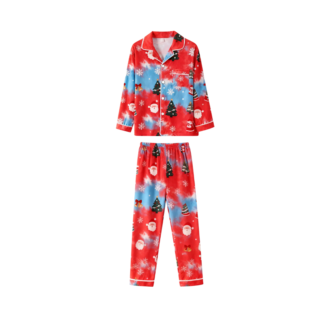 Holiday Couple Button-Up Red Tie-dyed Christmas Pajamas Set