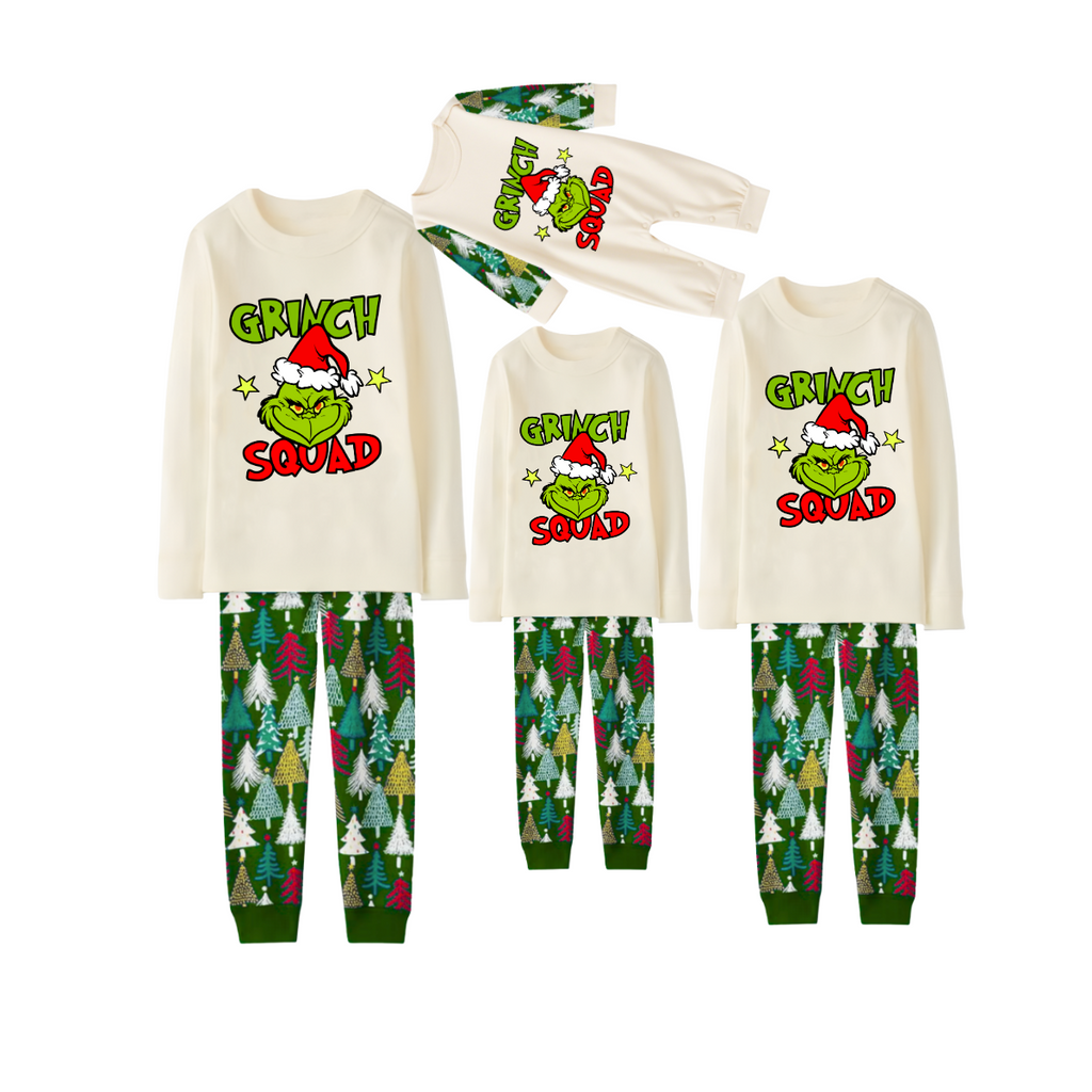 Grinch Squad Family Christmas Pajamas - White Top with Christmas Tree Pants