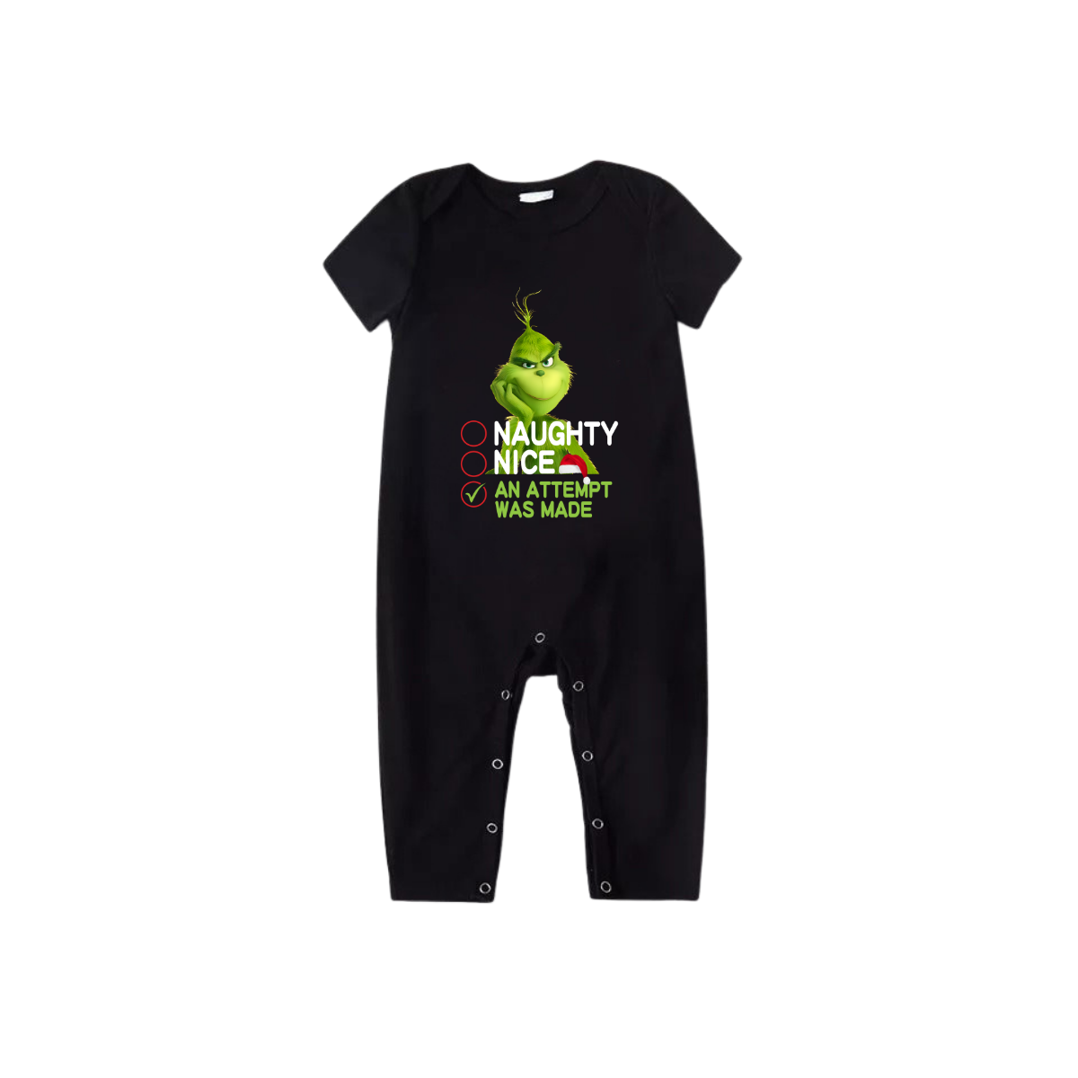 Naughty Nice An Attempt Was Made Grinch Family Pajamas Set - Black Top Red Pants Red Plaid Pattern Grinch Checklist Print