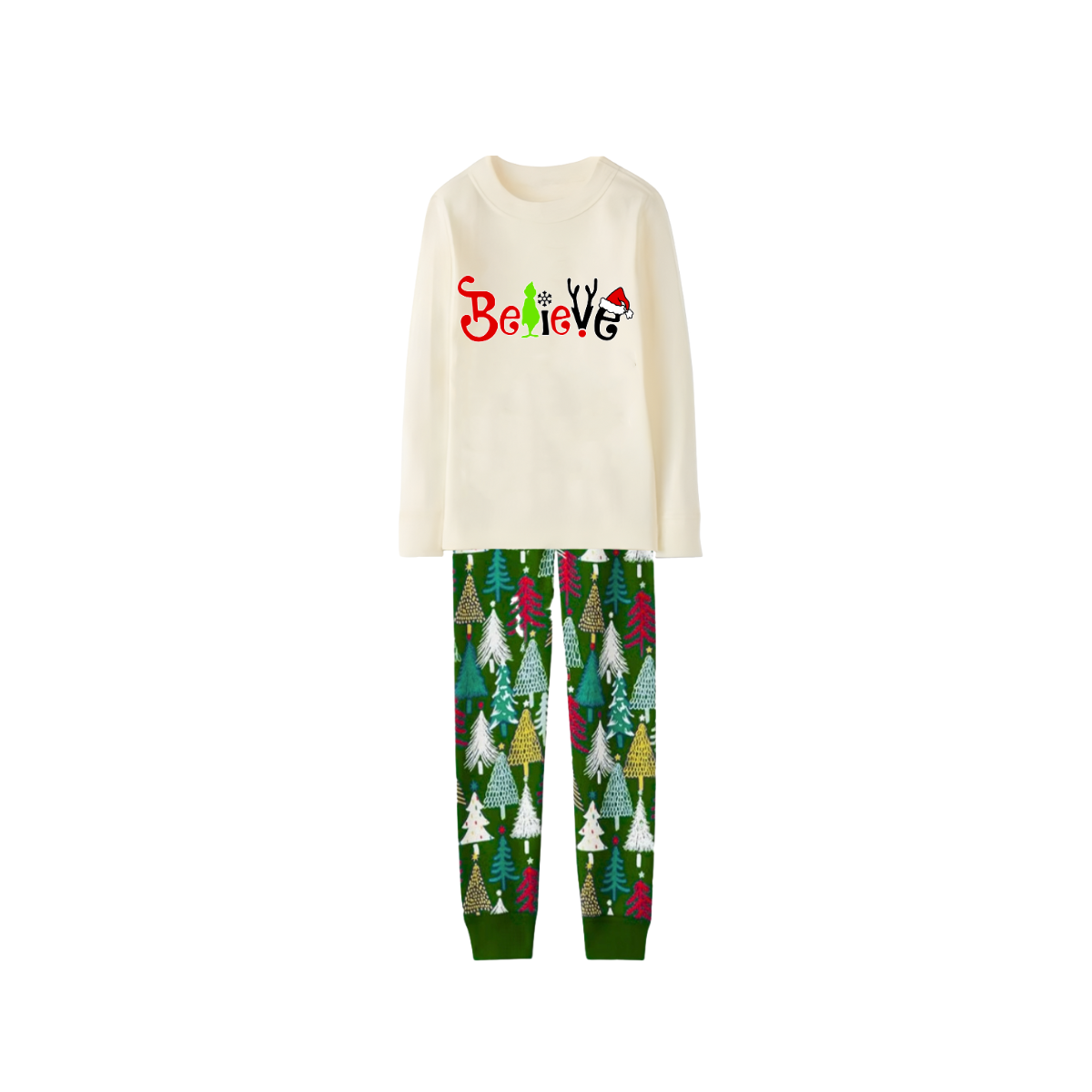 Believe Letter Print Family Pajamas Set - Cream Top, Green Pants, Christmas Tree Pattern
