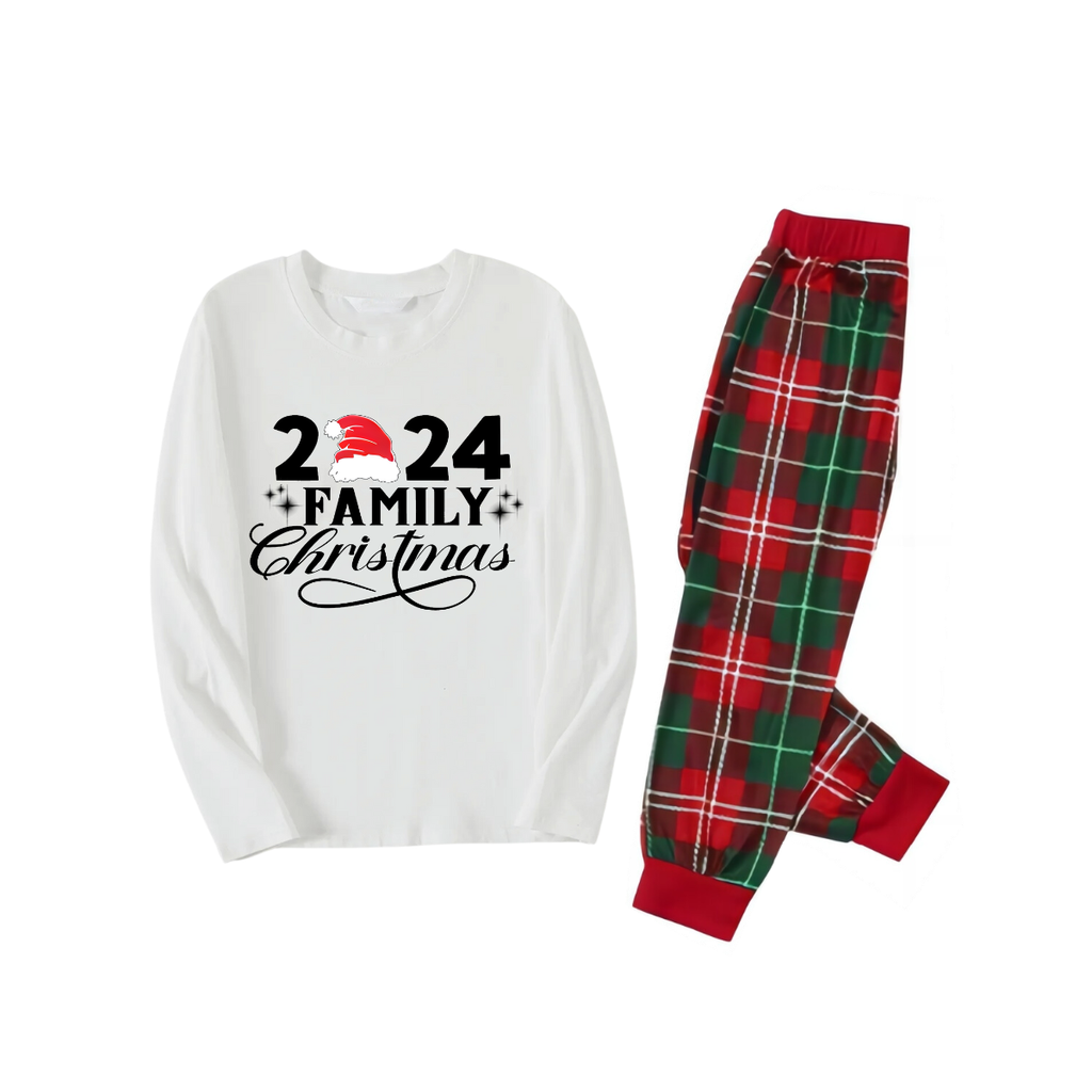 "Family Christmas 2024" and Santa Hat Printed Red & Green Plaid Family Matching Pajamas