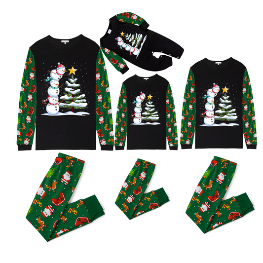 Joyful Green Color-Blocked Christmas Pajamas Set with Snowman & Christmas Tree Print