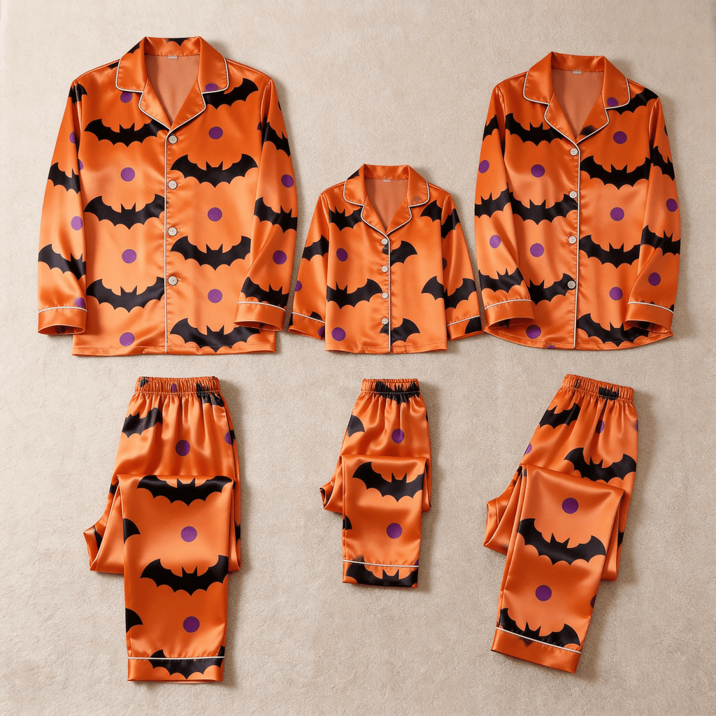 Orange Bat & Purple Dot Print Satin Button-Up Family Halloween Pajamas Set