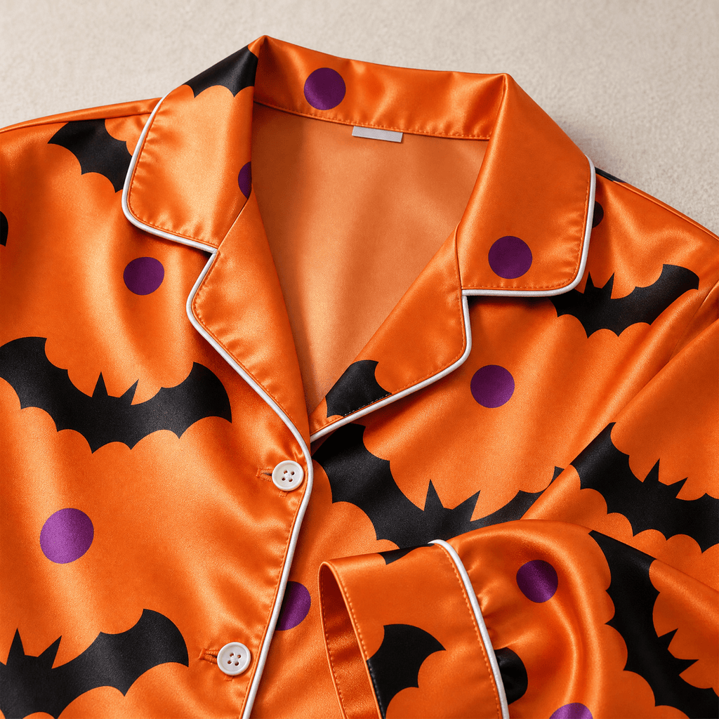 Orange Bat & Purple Dot Print Satin Button-Up Family Halloween Pajamas Set