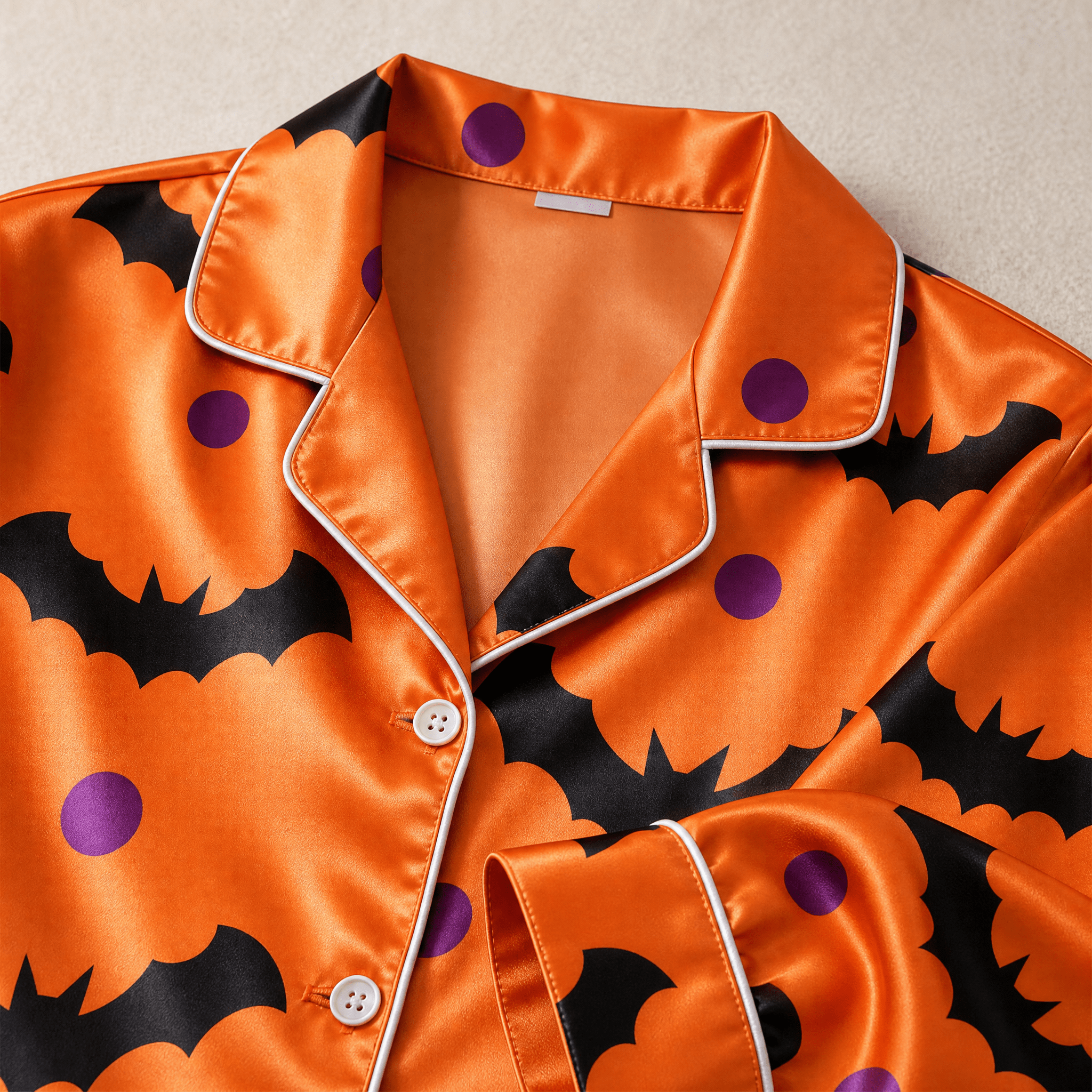 Orange Bat & Purple Dot Print Satin Button-Up Family Halloween Pajamas Set