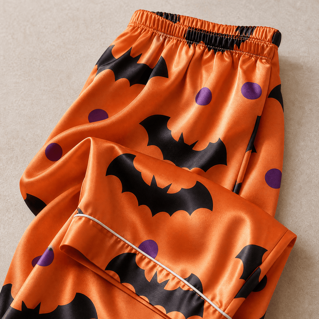 Orange Bat & Purple Dot Print Satin Button-Up Family Halloween Pajamas Set