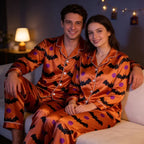 Bat and Polka Dot Satin Matching Pajamas for Couples ¨C Long Sleeve Button-Down Top & Pants Sleepwear Set