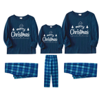 "Merry Christmas" White Letter 2025 Blue Long Sleeve Top With Blue Plaid Family Matching Pajamas