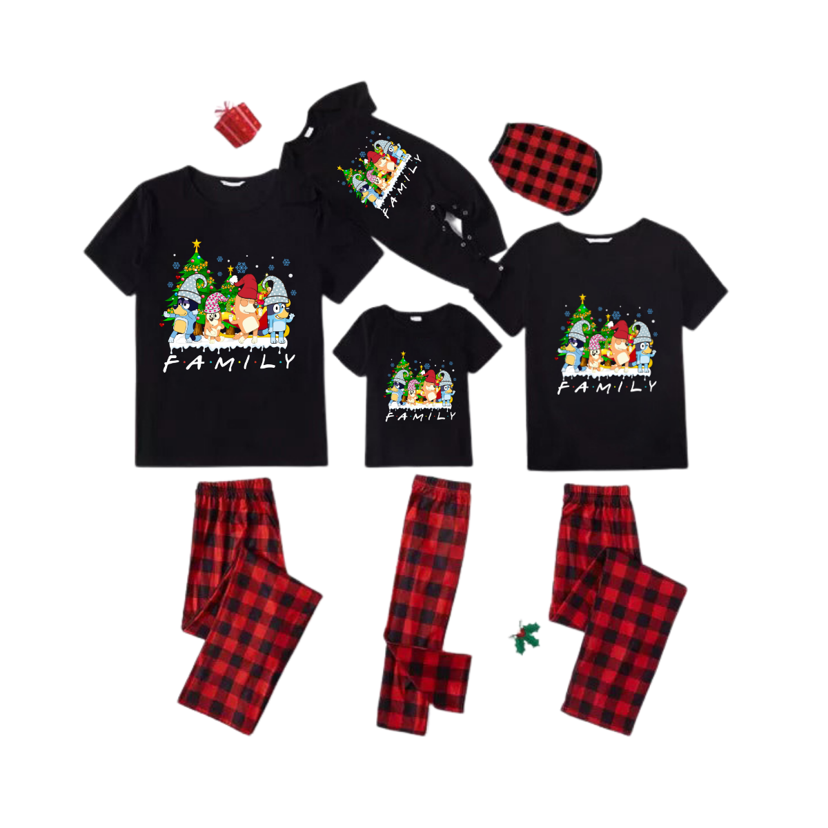 Family Christmas Cartoon Family Pajamas Set - Black Top Red Pants Red Plaid Pattern Cartoon Family Print