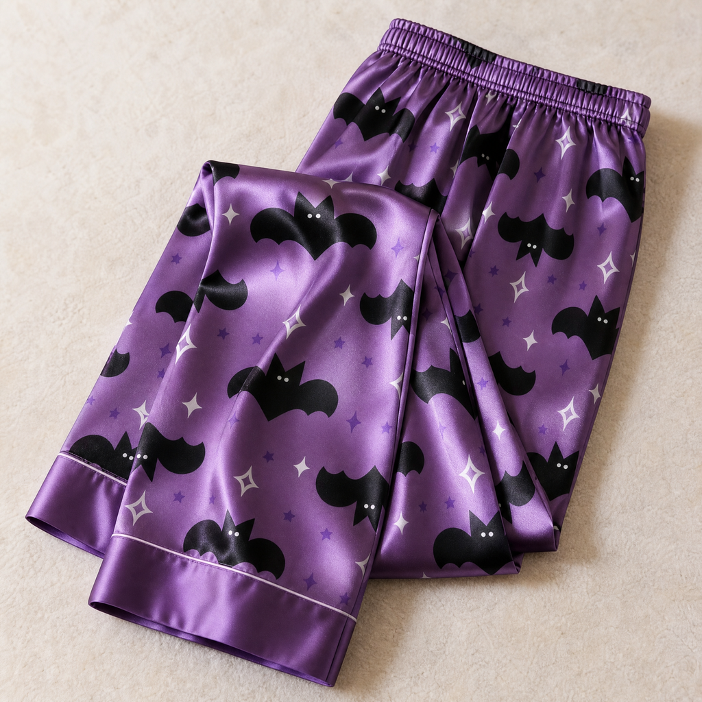Bat and Star Print Satin Matching Pajamas for Couples ¨C Long Sleeve Button-Down Top & Pants Sleepwear Set