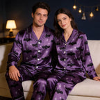 Bat and Star Print Satin Matching Pajamas for Couples ¨C Long Sleeve Button-Down Top & Pants Sleepwear Set