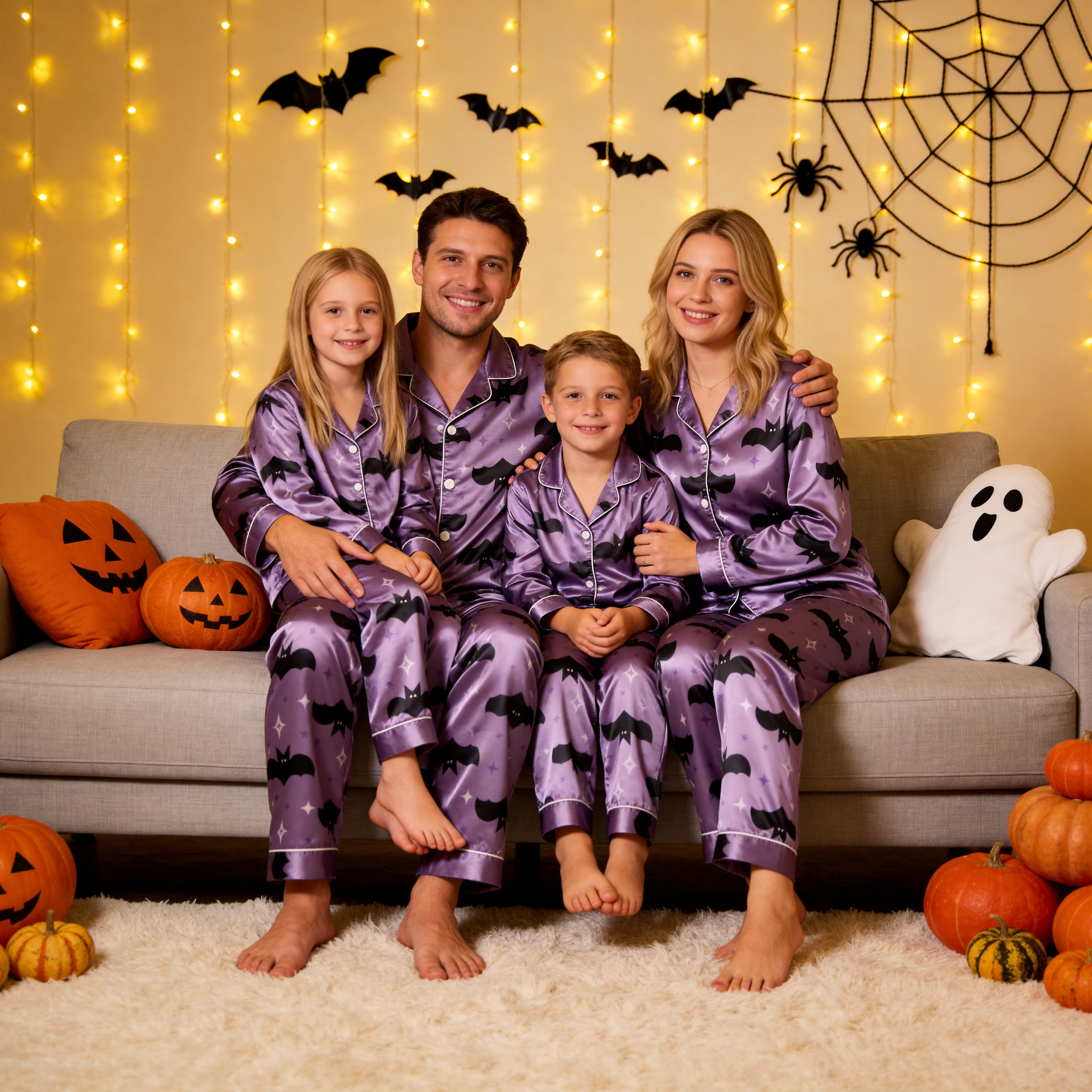 Bat and Star Print Satin Button-Up Family Pajamas Set