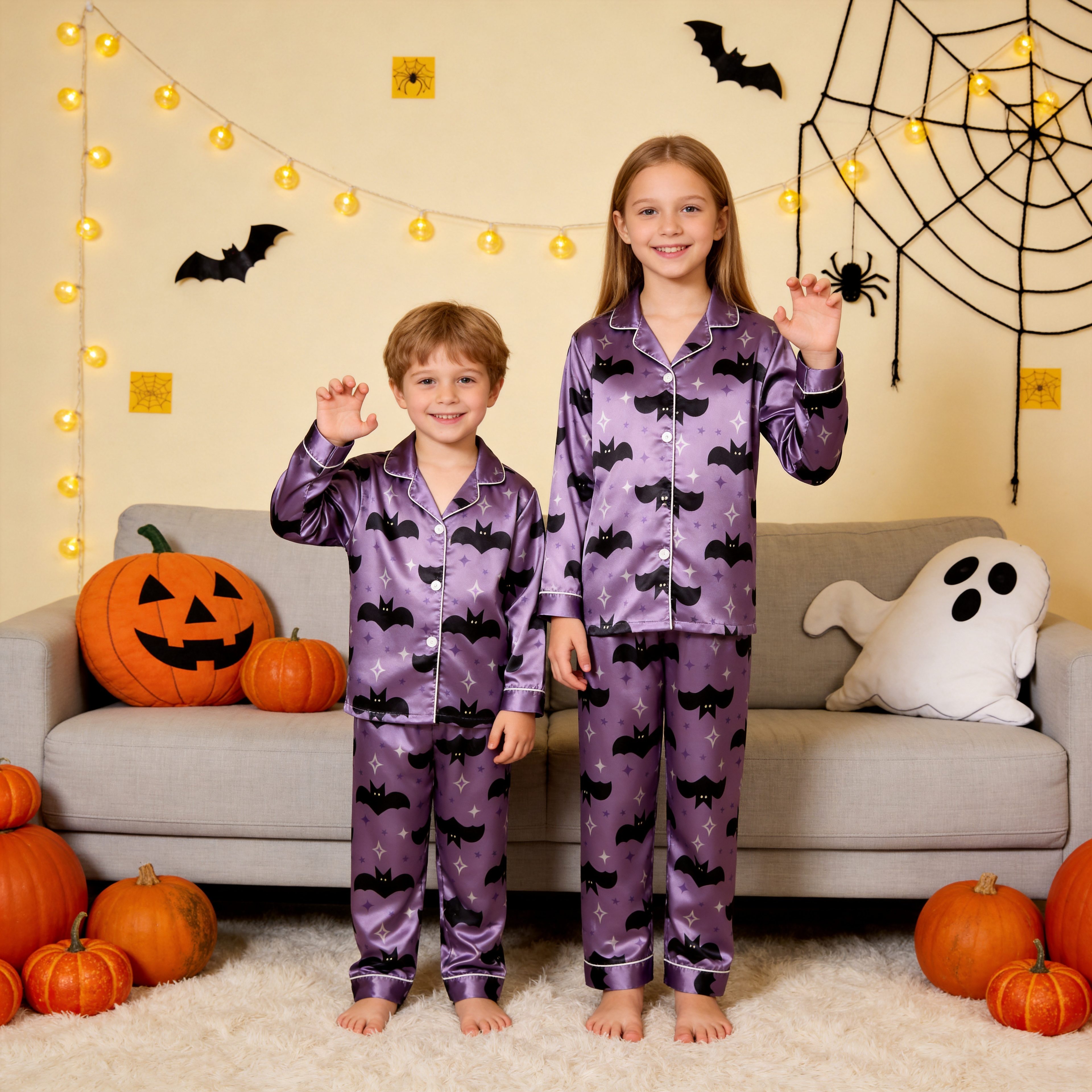 Bat and Star Print Satin Button-Up Family Pajamas Set