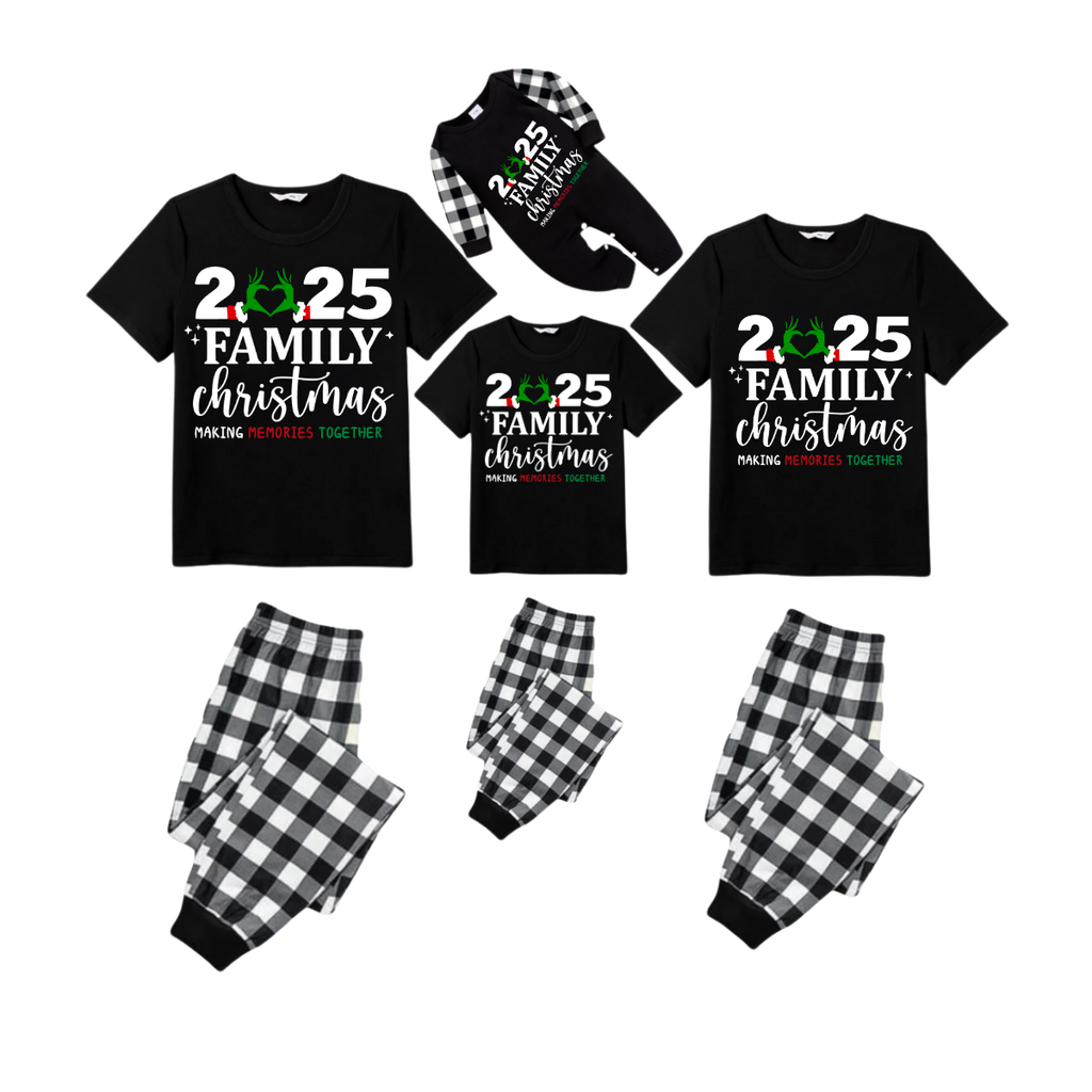 Family Christmas 2025 Pajamas Set - Black Top Black and White Plaid Pants Santa Hat and Ornaments Graphic
