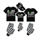 Family Christmas 2025 Pajamas Set - Black Top Black and White Plaid Pants Santa Hat and Ornaments Graphic